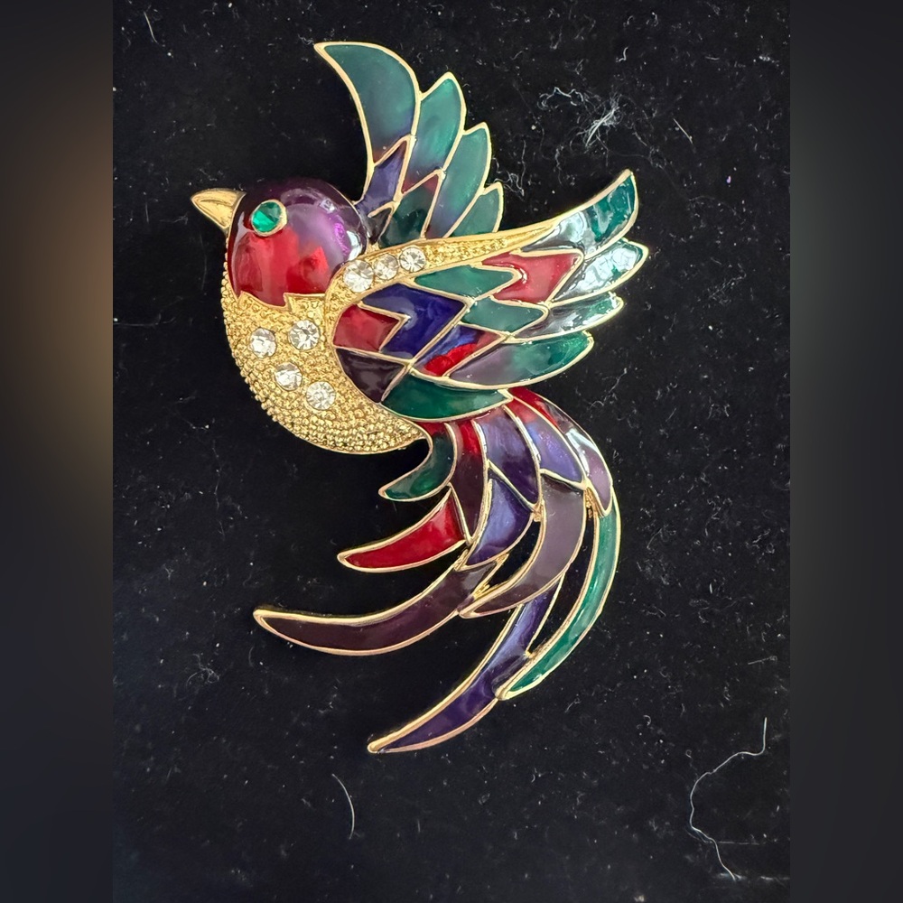 Colorful Enamel Bird Brooch with Rhinestones